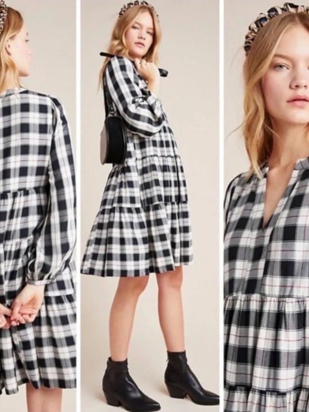Maeve Anthropologie Plaid Tiered Mini Dress Black White Long Sleeve Lined Size L